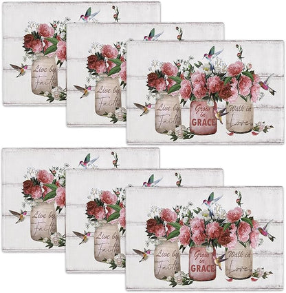 Rose Flower Placemats Set of 6 Farmhouse Peony Floral Table Mats Washable Place mats for Home Party Indoor Kitchen Dining Table Decoration 12x18 Inch