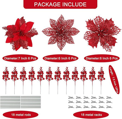 RECUTMS 66 Pcs 3 Styles Red Christmas Ornaments Christmas Glitter Poinsettia Flowers Artificial Christmas Tree Flower Decorations Wedding Wreath Floral Decorations (Red)