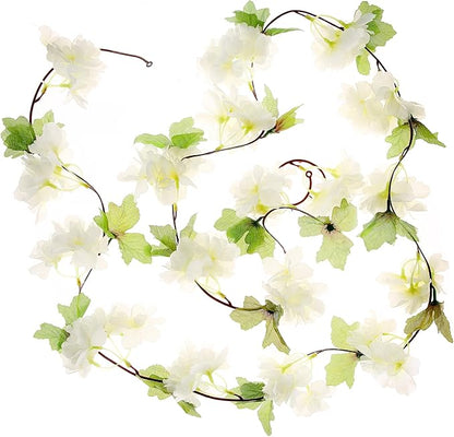 2Pcs Artificial Cherry Blossom Flower Garland Silk Fake Hanging Flower Vines for Home Wedding Decoration 7.2FT, White