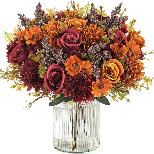 Dremisland Artificial Fall Flowers Like Real Artificial Bouquet 4 Packs Silk Artificial Roses Bouquet with Daisy Chrysanthemum Orange Red Fall Flowers for Centerpiece Table Autumn Halloween Decor