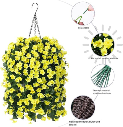 HyeFlora Artificial Fake Hanging Outdoor Flowers Plants Basket, Faux Silk Yellow Daisy Flowers UV Resistant Realistic Hanging Planter Orchid Vines for Outside Porch Patio Home Garden Yard Decoration