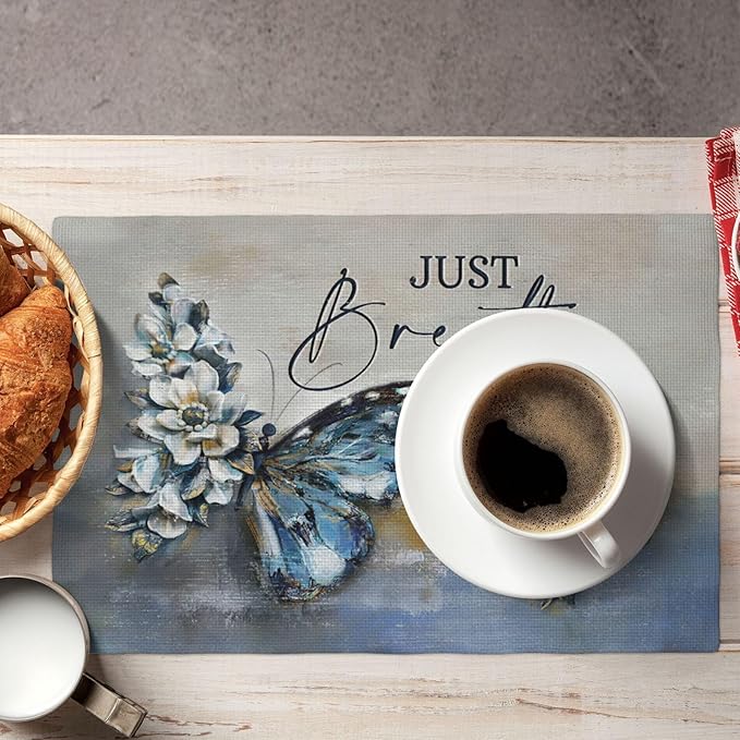Blue Butterfly Placemats Set of 4, Farmhouse Country Rustic Just Breathe Place Mats Washable Double-Sided Table Mats for Dining Room Home Party Indoor 4 PCS 12x18 Inch