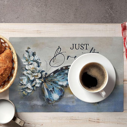 Blue Butterfly Placemats Set of 4, Farmhouse Country Rustic Just Breathe Place Mats Washable Double-Sided Table Mats for Dining Room Home Party Indoor 4 PCS 12x18 Inch