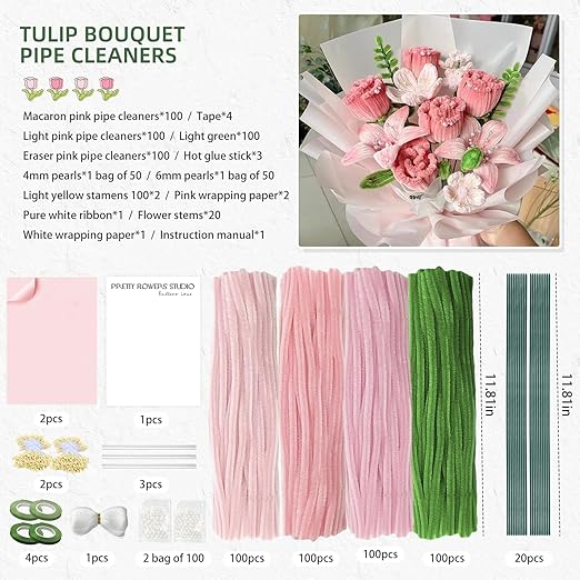 400 Pcs Pipe Cleaners Craft Kit, Pipe Cleaners Bulk Multicolors, Chenille Stems for DIY Flower Bouquet Making Kit with Tape, Floral Wires,Stamen & Ribbon, Pearls, Wrapping Paper(Pink)