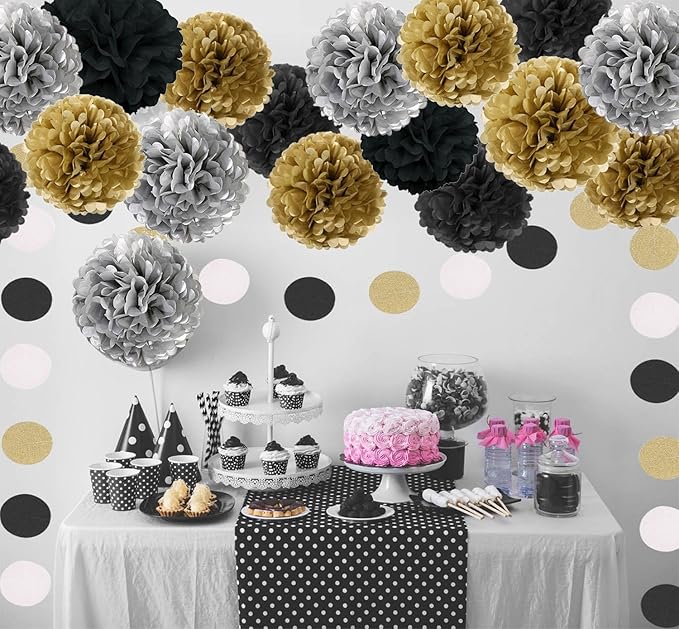 Tissue Paper Pom Poms, Recosis Paper Flower Ball for Birthday Party Wedding Baby Shower Bridal Shower Festival Decorations 18 Pcs - Black, Gold and Silver