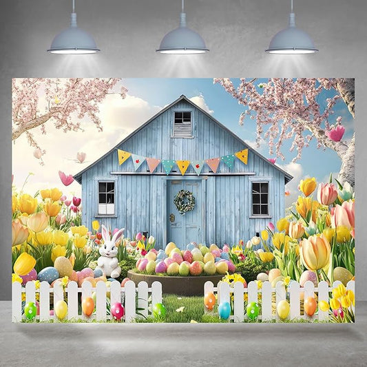 Easter Backdrop Spring Farm Barn Rabbit Bunny Egg Floral Grassland Photography Background Easter Party Decoration Supplies Favors Cake Table Banner Photo Booth Studio Props 7x5ft