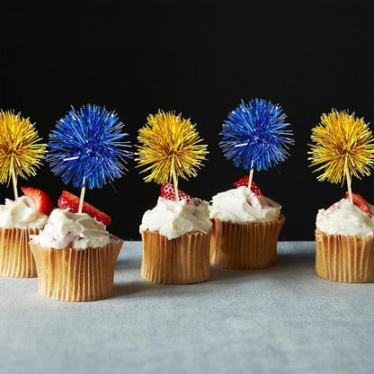 Gyufise 30Pcs Foil Firework Cupcake Toppers Sparkle Tinsel Cake Toppers Tinsel Drink Cake Decoration Cocktail Picks for Birthday Wedding Graduation Party Supplies Gold Dark Blue