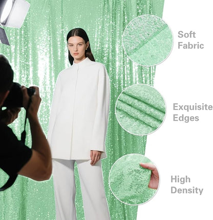 Mint Green Sequin Backdrop Curtain 2 Pieces 2FTx8FT Glitter Photography Backdrop for Party Wedding Birthday Christmas Decorations