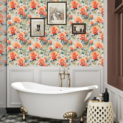 Bright Watercolor Floral Wallpaper Vibrant Flower Wall Paper Stick and Peel Colorful Orange Contact Paper for Bedroom Bedroom Cabinet Removable Renter Friendly 17.5 x 118In