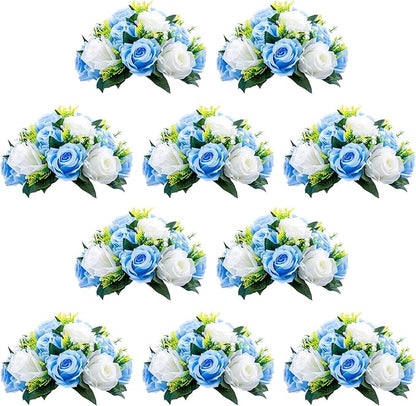 NUPTIO Flower Centerpieces for Wedding Tables: 10 Pcs Blue & White Artificial Flower Ball Arrangement for Weddings Party - Fake Floral Rose for Birthday Bridal Shower Decorations