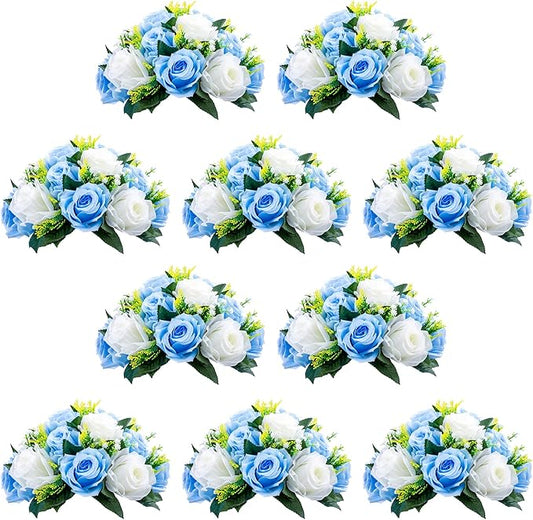 NUPTIO Flower Centerpieces for Wedding Tables: 10 Pcs Blue & White Artificial Flower Ball Arrangement for Weddings Party - Fake Floral Rose for Birthday Bridal Shower Decorations