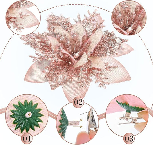 Geosar 36 Pcs Christmas Glitter Artificial Poinsettia Flowers Xmas Poinsettia Artificial Wedding Flowers Decorations Xmas Tree Ornaments with Clips for Party, 6 Inch, 4 Inch, 3 Inch(Rose Gold)