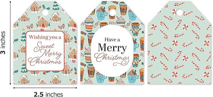 Pro Supply Global 24 Count of 2.5 Inch x 3 Inch Pre Strung Christmas Treats Gift Tag Assorted Printed Designs on Large Cardstock Gift Hang Tags - Ideal to Use on Bags