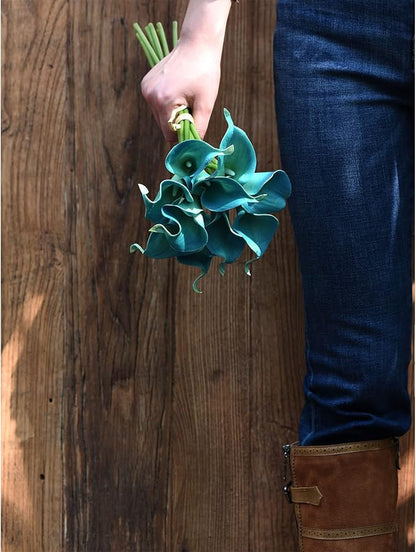 FiveSeasonStuff Real Touch Calla Lily Artificial Flowers Wedding Bridal Bouquet | Floral Arrangements | 15 Calla Lilies (Cerulean Blue)