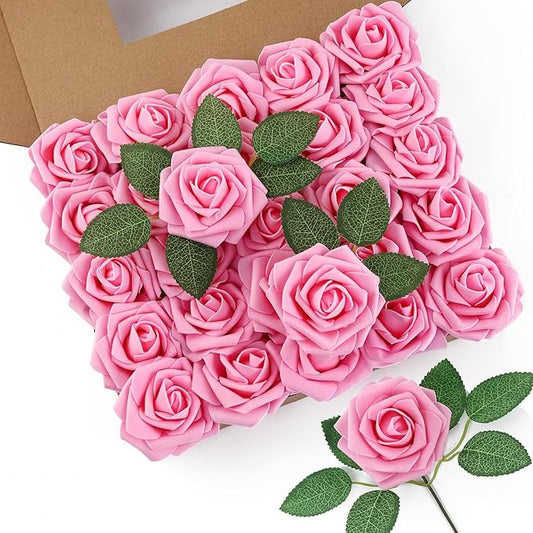 DuHouse 50Pcs Artificial Roses Flowers Fake Roses with Stems Real Touch Foam Flowers for DIY Wedding Bouquet Baby Shower Centerpiece Floral Arrangement Party Home Decor(Pink)