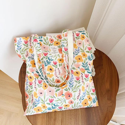 Cotton Canvas Tote Bag Reusable Soft Grocery Cloth Bag Floral Shoulder Bag for Beach Travel Shopping