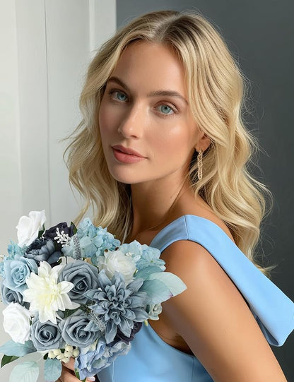 Multi Use Dusty Blue White Artificial Flowers Combo for DIY Centerpieces Arrangements Wedding Bridal Bouquet Table Chair Decor Candle Holder Baby Shower Cake Decor Flower Strips Home Décor