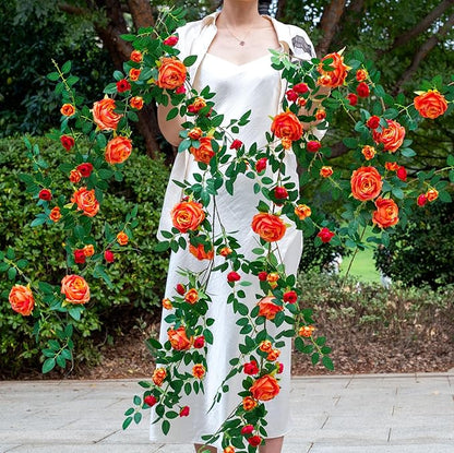 6FT Bendable Flower Garland, Artificial Rose Vine Hanging Floral Garland Decoration for Weding Home Room Wall Decor (Orange, 2pcs)