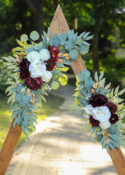 Artificial Burgundy Wedding Arch Flower Swags Set of 2 for Welcome Signs, Reception and Ceremony Decorations - Ivory Floral Decor
