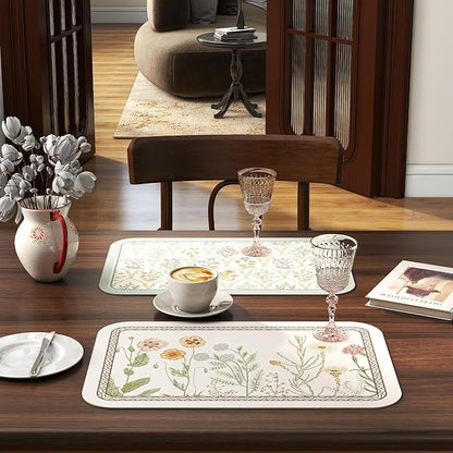 ISAENNE Designer Cottage Rectangular Placemats Set of 6,Flower Pattern PVC Placemat, Waterproof and Heat-Resistant Pastoral Style,Decoration for Kitchen,Dinning,Parties, Holiday,12"*17"