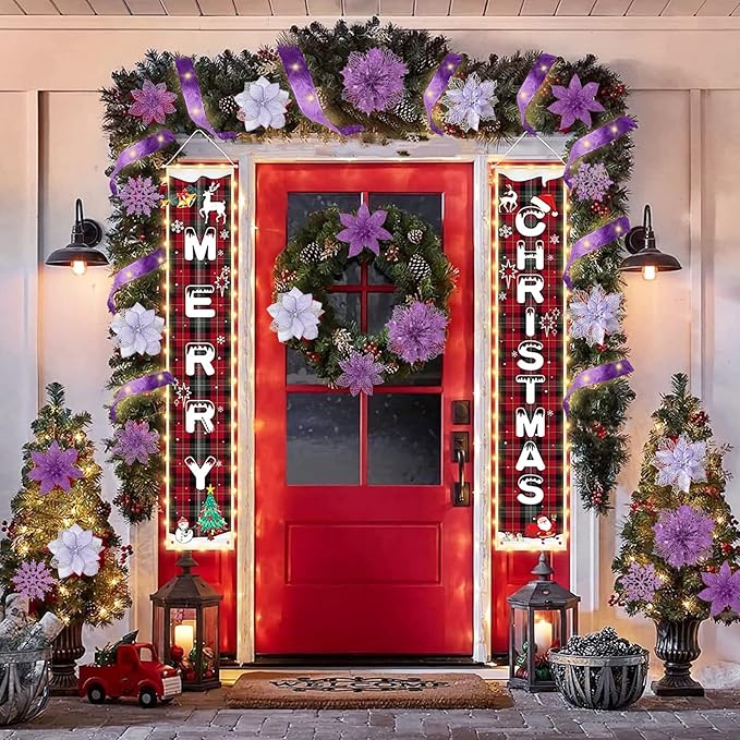 RECUTMS Christmas Glitter Tree Ornaments Christmas Snowflake Flower Poinsettias Xmas Purple Glitter Artificial Flowers with Ribbon for Wreath Xmas Tree Ornament Wedding Party Decor(Purple)