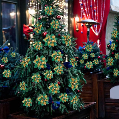 Geosar 24 Christmas Glitter Artificial Poinsettia Flowers Xmas Poinsettia Artificial Wedding Flowers Decorations Xmas Tree Ornaments with Clips for Party Favors, 6 Inch, 4 Inch, 3 Inch (Green, Gold)