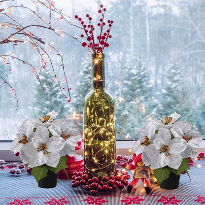 Poinsettias Flowers Artificial 2 Pack White Faux Christmas Poinsettia Plant Small 11 Inch Winter Flowers for Home Office Table Decorations Indoor Xmas Ornament