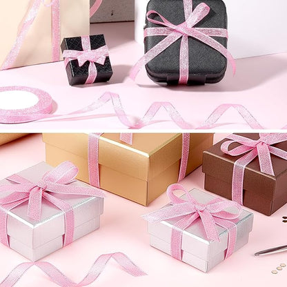 Pink and Silver Glitter Ribbon, 3/8 Inch x 24 Yards Long Sparkly Metallic Fabric Ribbons for Christmas Decorations, Gift Wrapping, Floral Bouquets Birthday, Wedding Party and DIY Crafts