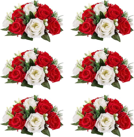 NUPTIO Pcs of 6 Fake Flower Ball Arrangement Bouquet,15 Heads Plastic Roses with Base, Suitable for Our Store's Wedding Centerpiece Flower Rack for Parties Valentine's Day Home Décor (Red & White)