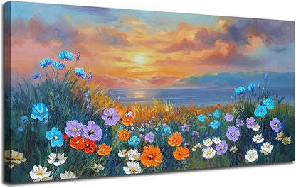Ardemy Landscape Wall Art for Living Room Extra Large Wildflower Pictures Wall Decor Coastal Sunset Floral Canvas Textured Bedroom Flower Paintings Artwork Home Office, 40"x20"