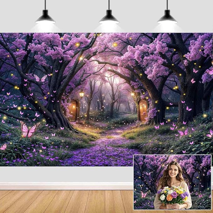 15X10ft Enchanted Forest Backdrop Fairy Tale Purple Wonderland Garden Tree House Floral Butterfly Photography Background for Kids Girl Baby Shower Birthday Party Decoration Banner Booth Props