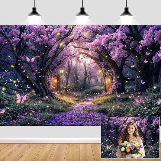 5X3ft Enchanted Forest Backdrop Fairy Tale Purple Wonderland Garden Tree House Floral Butterfly Photography Background for Kids Girl Baby Shower Birthday Party Decoration Banner Booth Props