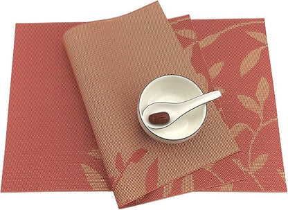 Gugrida Place Mats PVC Set of 6, Table Placemats Set of 6 PVC Woven Vinyl Place Mats Table Mats Natural Color (6 pcs, Oriange Leaves)