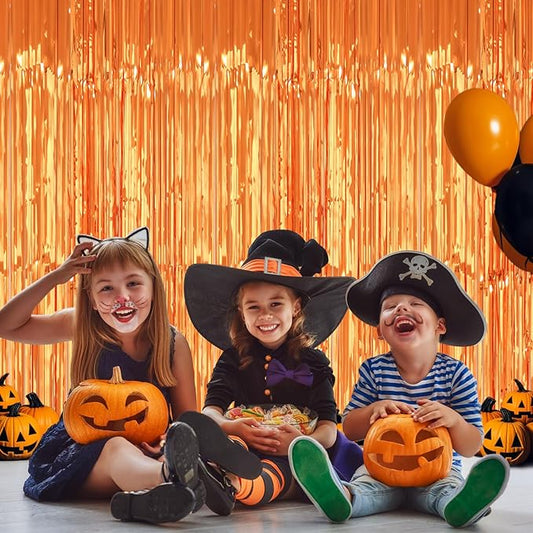 2 Pack 3.2x8.2 Feet Orange Foil Fringe Backdrop Curtains, Metallic Tinsel Photo Booth Backdrop Streamers Birthday Party Decorations, Halloween Baby Shower Disco Basketball Party Supplies