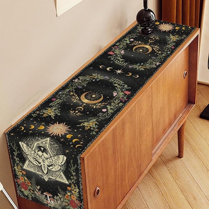 Gothic Moth Table Runner, Boho Gothic Sun Moon Phase Wildflower Mystical Witchy Farmhouse Coffee Table Center Decor for Home Kitchen Dining Patio Holiday Party Table Decorations 13x90 inches