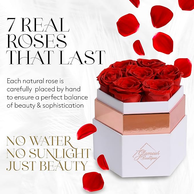 GLAMOUR BOUTIQUE Eternal Preserved Roses in a Box - Flowers Forever, Rose Forever in a Box for Wife, Birthday Gifts for Her, 7 Roses, Red
