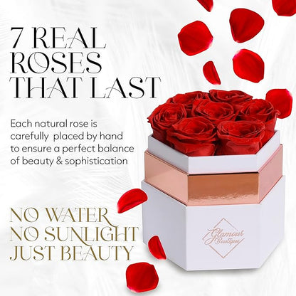 GLAMOUR BOUTIQUE Eternal Preserved Roses in a Box - Flowers Forever, Rose Forever in a Box for Wife, Birthday Gifts for Her, 7 Roses, Red