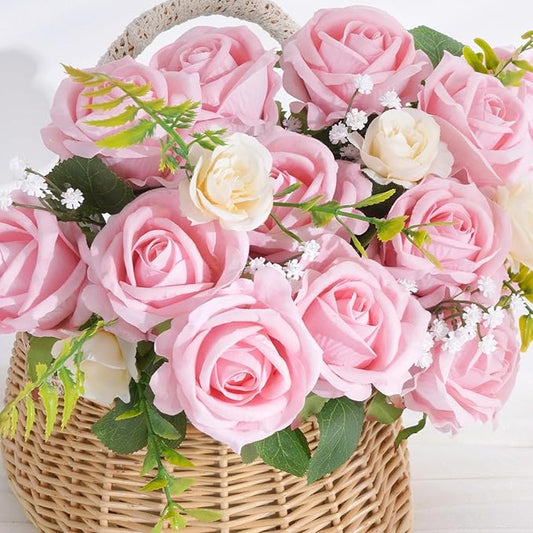 BLEUM CADE 100 Pcs Pink Roses Artificial Flowers, Real Touch Velvet Roses Fake Flowers Bulk, Artificial Roses Bouquet with Long Stems Bridal DIY Wedding Party Centerpiece Decorations