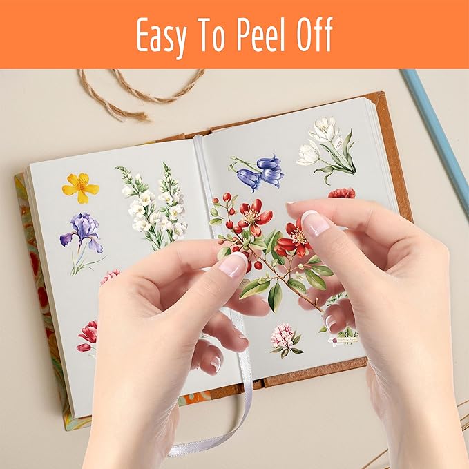 300 PCS PVC Flower Stickers, Self-Adhesive PVC Nature Floral Stickers for Scrapbook, Laptop, Journal, DIY Project, Spring Themed Party Decors