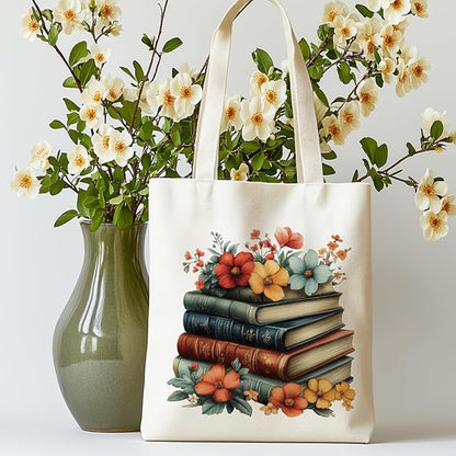 ANATTASOUL Canvas Tote Bag Flower Reusable Cotton Bag for Women, Durable Cloth Shoulder Bags with Zipper Pockets for Shopping, Vacation, Work, Gym