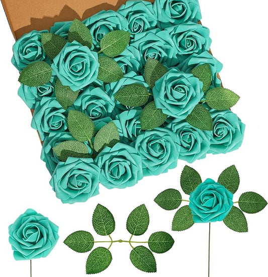 DuHouse Artificial Roses Flowers Fake Roses with Stems Real Touch Foam Flowers for DIY Wedding Bouquet Baby Shower Centerpiece Floral Arrangement Party Home Decor(Teal Blue-Green)