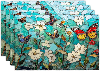 Butterfly Teal Placemats Set of 4, Colorful Stained Glass Place Mats, Rustic Flowers Dining Table Mats, Washable Placemats for Kitchen Dining Room Home Decor 18L'' × 12W''
