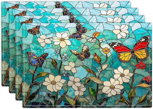 Butterfly Teal Placemats Set of 4, Colorful Stained Glass Place Mats, Rustic Flowers Dining Table Mats, Washable Placemats for Kitchen Dining Room Home Decor 18L'' × 12W''
