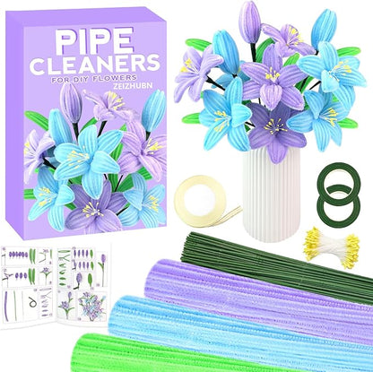 ZEIZHUBN 300 Pieces Pipe Cleaners, Pipe Cleaners Flower Bouquet Kit, Flower Making Kit with Floral Wires Tape, Art and Craft Supplies Projects DIY Decoration Holiday Party Birthday Gifts