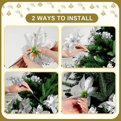 50pcs Glitter Poinsettia Christmas Ornaments, Artificial Flowers with Clips Stems for DIY Wreath Making, Holiday Home Party Decorations, Indoor Use (Sliver)