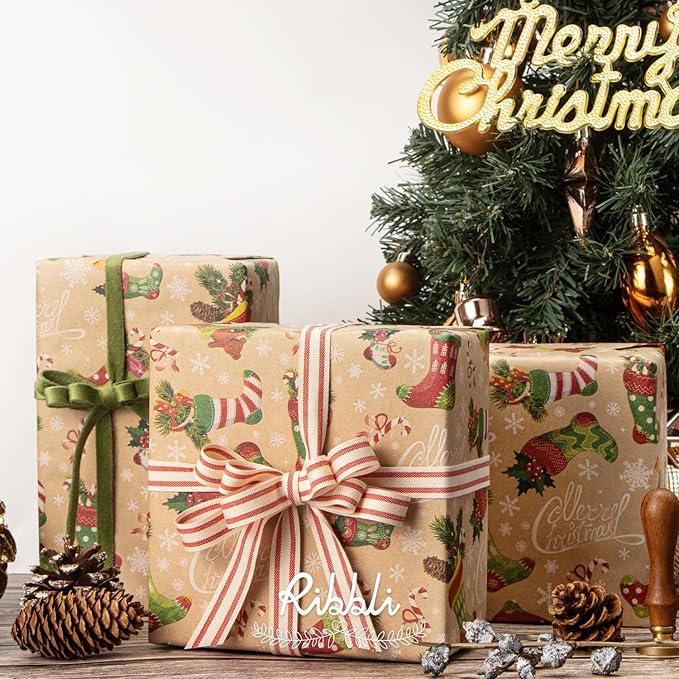 Ribbli Christmas Wrapping Paper Christmas Socks Candy Canes Kraft Wrapping Paper Rolls, Mini Roll-17 Inch x 33 Feet Per roll