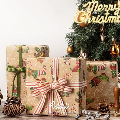 Ribbli Christmas Wrapping Paper Christmas Socks Candy Canes Kraft Wrapping Paper Rolls, Mini Roll-17 Inch x 33 Feet Per roll