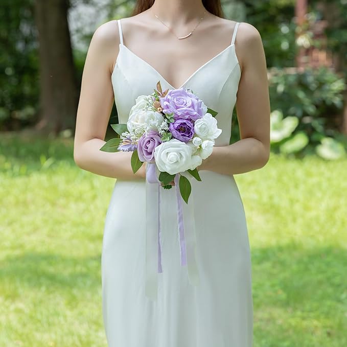 ponatia Lilac Wedding Bouquets for Bride Bridesmaid, White Wedding Artificial Roses Flowers for Wedding Bouquets Ceremony, Anniversary (Lilac & White & Ivory)