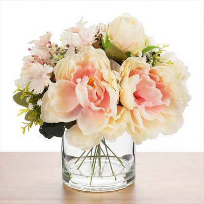 ENOVA FLORAL Artificial Silk Flower Arrangement with Vase,Mixed Artificial Silk Peony Flower in Vase for Decoration Home Office, Wedding Centerpiece (Peach)