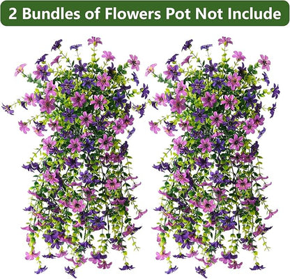Artificial Hanging Flowers Plants for Outdoor Spring Decoration, 2 PCS Fake Silk Daisy Flower Planter UV Resistant Look Real for Outside Patio Porch Home Summer Decor (Double Purple)